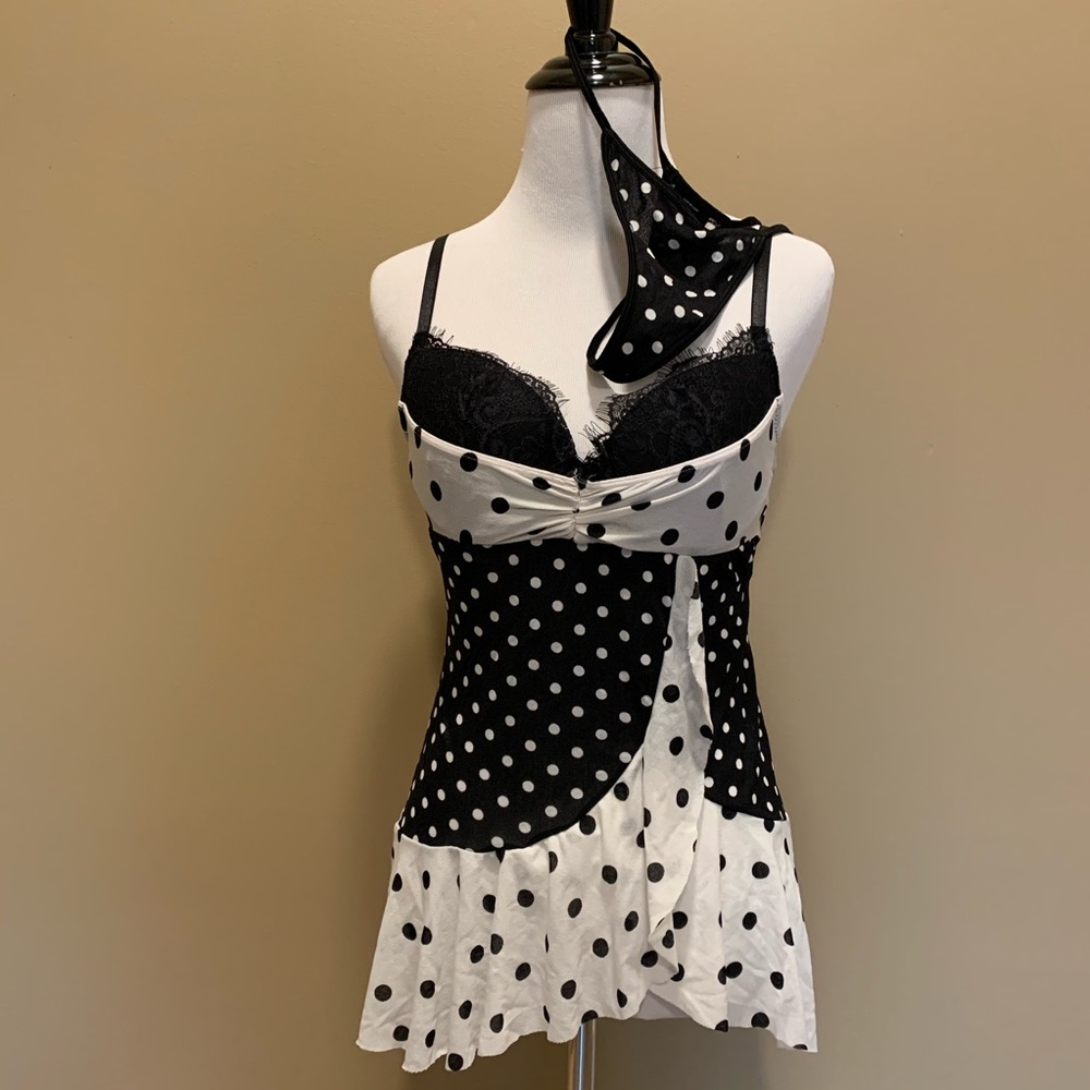 Victoria's Secret Black and White Polka Dot Babydoll Set